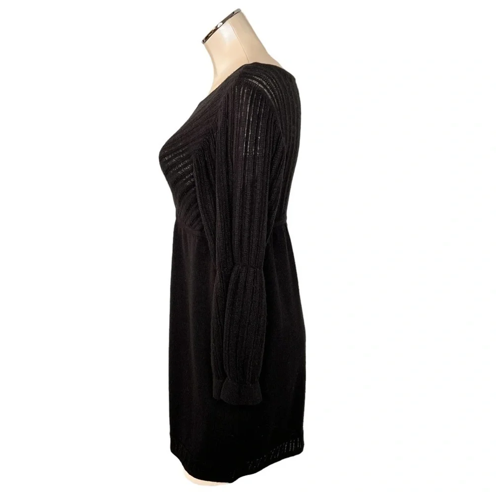 BEBE Black Knit Long Puff Sleeves Front Keyhole Dress LBD Size M